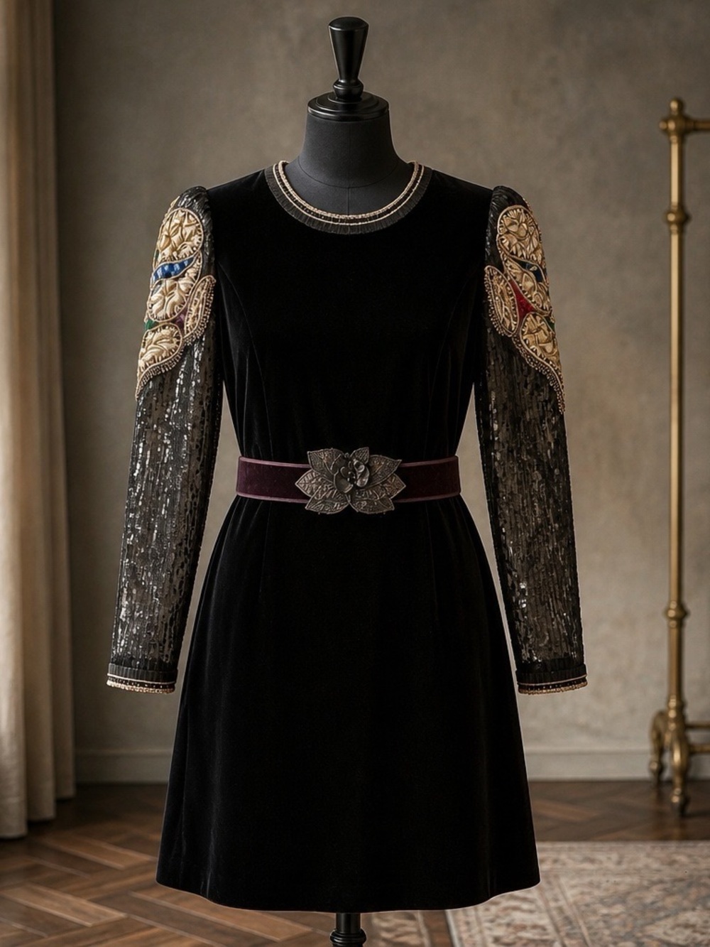 Stunning Vintage 60’s Black Velvet Cocktail Dress Embroidered Sleeves
